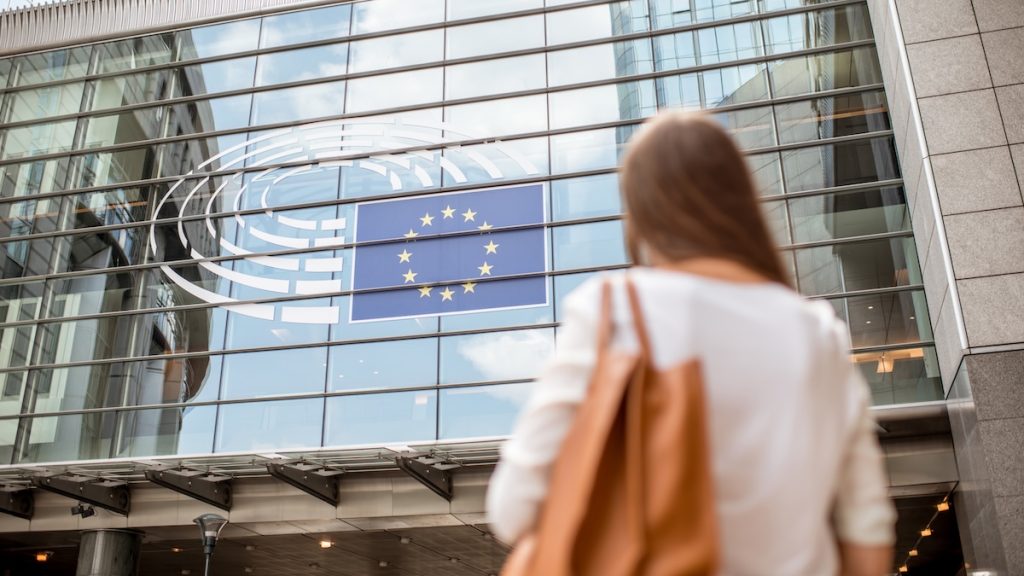 Young businesswoman standing back near the Parliament building of European Union in Brussel city